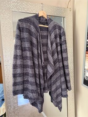 Barefoot Dreams Cozy Open-Front Striped Hooded Cardigan Jacket - Gray